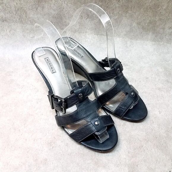 Merona Womens Edwina Size 7.5 Black Leather Open Toe Slide Wedge Sandals - Picture 1 of 10